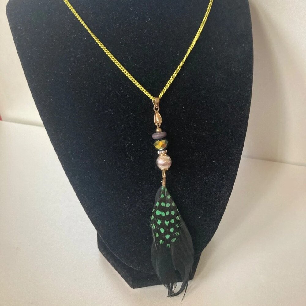 38” Black And green Long Feather beaded pendant chain Necklace fashion jewelry